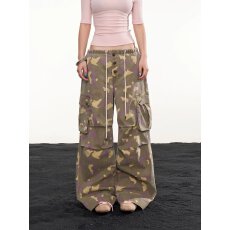 批发美式复古迷彩多口袋工装<b class='q'>休闲裤</b><b class='q'>男</b>女宽松直筒松紧腰阔腿长裤