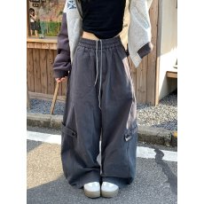 批发日式复古系带工装裤<b class='q'>男</b>女ins潮牌抽绳宽松阔腿拖地长裤