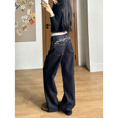 批发美式高街后腰字母刺绣牛仔阔腿裤女气质小个子褶皱直筒长裤