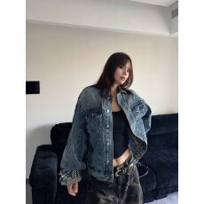 批发美式复古vibe风水洗花纹拼接袖口翻领<b class='q'>牛仔</b>外套男女宽松工装夹克