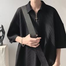批发M-8XL大码华夫格POLO衫男宽松休闲纯色翻领上衣美式半拉链短袖t恤