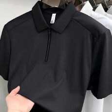 批发S-4XL日常休闲通勤<b class='q'>男</b>装短袖POLO衫夏季透气拉链领口大码短袖<b class='q'>T</b><b class='q'>恤</b>