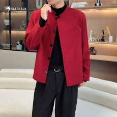 批发S-5XL大码帅气新中式西装外套显瘦纯色上衣高级感立领纽扣款夹克