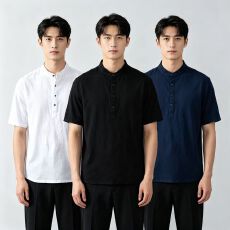 批发M-8XL大码通勤男士中式小立领纽扣POLO衫纯色休闲<b class='q'>夏</b>季短袖衬衫