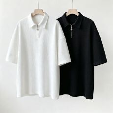 批发M-8XL大码oversize宽松华夫格POLO衫男<b class='q'>休闲</b>纯色翻领半拉链短袖t恤