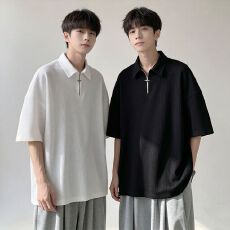 批发M-8XL胖子大码翻领半拉链华夫格POLO衫男宽松<b class='q'>休闲</b>纯色加大短袖t恤