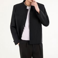 批发S-5XL大码新中式复古酒红色雅痞垫肩小立领短款西服外套男高级感
