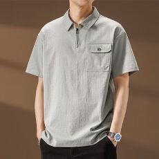 批发M-8XL<b class='q'>夏</b>季工装短袖T恤男纯色休闲青年男装Polo衫带领口袋拉链上衣
