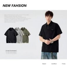 批发M-8XL<b class='q'>夏</b>季工装口袋拉链领POLO衫男纯色休闲青年男装Polo衫短袖T恤