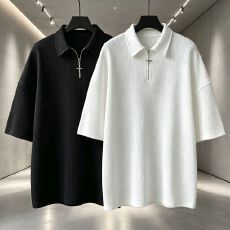 批发M-8XL大码宽松华夫格POLO衫男<b class='q'>休闲</b>慵懒风纯色翻领半拉链短袖t恤
