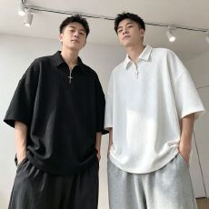 批发M-8XL胖子超大码宽松华夫格POLO衫男<b class='q'>休闲</b>纯色翻领半拉链短袖t恤