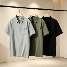 批发M-8XL复古工装短袖T恤男纯色休闲青年男装Polo衫带口袋拉链上衣