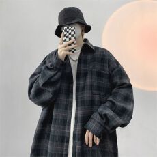 M-8XL大码格子衬衫男秋冬格子毛呢衬衫男士休闲宽松加厚长袖衬衣