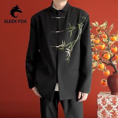 批发S-5XL新中式立领西服男竹韵竹纹刺绣一字扣<b class='q'>西装</b><b class='q'>大码</b>唐装中山装