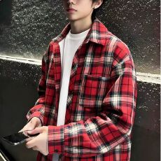 批发M-8XL-美式复古<b class='q'>休闲</b>红色格子衬衫男设计感长袖防晒大码衬衣薄外套