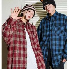 批发M-8XL-春秋季复古格子翻领衬衫男女情侣<b class='q'>休闲</b>百搭长袖衬衣薄外套潮