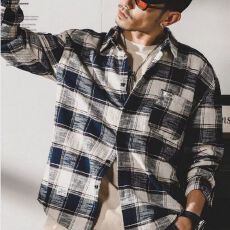 批发M-8XL-春秋季薄外套男格子长袖衬衫胖子加肥加大码宽松工装薄外套