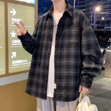 批发M-8XL-重磅加厚格子毛呢衬衫男秋冬新款高级感<b class='q'>休闲</b>宽松长袖衬衣