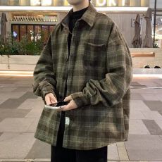 M-8XL-秋冬新款重磅加厚毛呢衬衫男胖子大码休闲宽松长袖格子衬衣