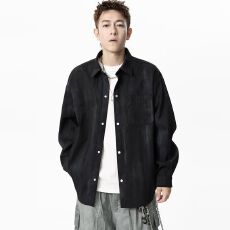 M-8XL-美式复古宽松长袖水洗衬衫男加大码加肥夹克男士春秋薄外套