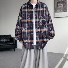 M-8XL-3色-胖子大码格子衬衫男长袖衬衣高级感复古磨毛高街薄外套