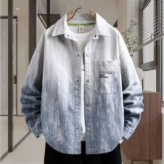 批发M-8XL-纯棉加厚渐变拼色衬衫男<b class='q'>加肥</b><b class='q'>加大</b>码宽松休闲翻领长袖外套
