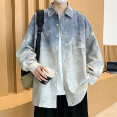 批发M-8XL纯棉渐变色衬衫外套男春秋季<b class='q'>加肥</b><b class='q'>加大</b>码翻领长袖衬衫高级感