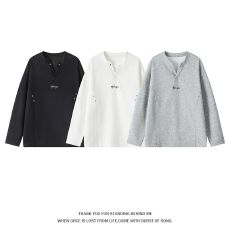 批发M-5XL-大码上衣男2026秋季新款华棉320g拼接铆钉V领刺绣<b class='q'>T</b><b class='q'>恤</b>男士