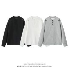批发M-5XL-大码<b class='q'>男装</b>华夫格上衣男秋季新款简约亨利领刺绣宽松长袖<b class='q'>T</b><b class='q'>恤</b>