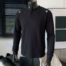 批发M-5XL-胖大码<b class='q'>男装</b>华夫格上衣男高级感简约亨利领刺绣宽松长袖<b class='q'>T</b><b class='q'>恤</b>