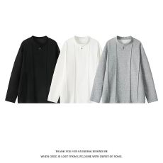 批发M-5XL-大码<b class='q'>男装</b>长袖<b class='q'>T</b><b class='q'>恤</b>秋季新款美式拼接亨利领宽松上衣-华棉270g