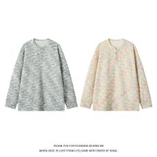 批发M-5XL-大码高级感长袖<b class='q'>T</b><b class='q'>恤</b>男秋季新款彩虹云朵休闲男士亨利领上衣