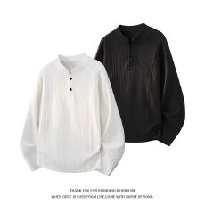 批发M-5XL-简约高级感长袖<b class='q'>T</b><b class='q'>恤</b>男秋冬新款大码亨利领肌理感长袖<b class='q'>T</b><b class='q'>恤</b>男