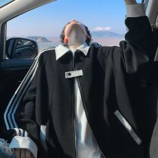 批发M-5XL学院风三条杠拼接外套男秋冬季重磅卫衣外套<b class='q'>加肥</b><b class='q'>加大</b>码<b class='q'>男装</b>