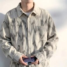 M-5XL-秋冬新款扎染灯芯绒衬衫男潮牌薄外套加大码男士长袖衬衫