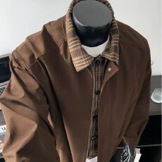 M-5XL-美式复古拼接假两件夹克衫男秋冬宽松大码翻领格子加厚外套