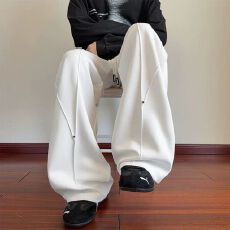 M-5XL-解构拼接设计感铆钉直筒裤男重磅华棉休闲裤大码男士裤子