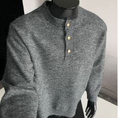 M-5XL-高质量美式大码羊毛衫男秋冬新款套头亨利领针织长袖毛衣