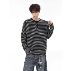 批发M-5XL韩版条纹排扣亨利领长袖<b class='q'>T</b><b class='q'>恤</b>男秋季新款休闲宽松<b class='q'>大码</b>打底衫