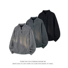 批发M-5XL-老钱风长袖<b class='q'>T</b><b class='q'>恤</b>男加<b class='q'>大码</b>风鱼骨纹亨利领上衣休闲宽松打底衫