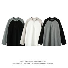 批发M-5XL-秋冬德绒撞色拼接上衣男士插肩袖立领长袖<b class='q'>T</b><b class='q'>恤</b>加<b class='q'>大码</b><b class='q'>男装</b>