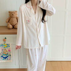批发少女家居服紧赛拉架棉长袖长裤四季款睡衣开衫套装精梳棉透气睡衣