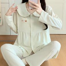 批发少女家居服紧赛拉架棉长袖长裤四季款睡衣开衫套装精梳棉透气睡衣