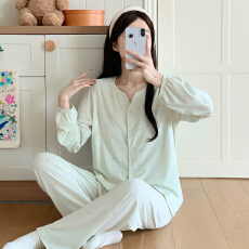 批发少女家居服紧赛拉架棉长袖长裤四季款睡衣开衫套装精梳棉透气睡衣