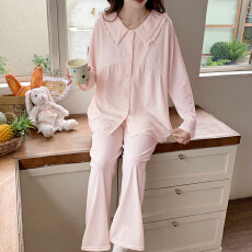 批发少女家居服紧赛拉架棉长袖长裤四季款睡衣开衫套装精梳棉透气睡衣