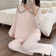 批发少女家居服紧赛拉架棉长袖长裤四季款睡衣开衫套装精梳棉透气睡衣