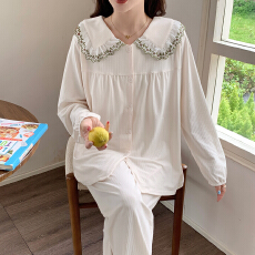 批发少女家居服紧赛拉架棉长袖长裤四季款睡衣开衫套装精梳棉透气睡衣