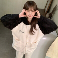 批发少女家居服长毛绒加厚保暖长袖长裤冬季款睡衣开衫套装法兰绒睡衣