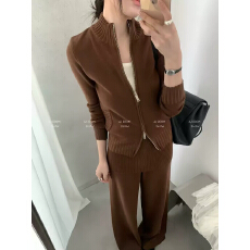 批发十三行老钱风立领拉链咖啡针织开衫<b class='q'>背心女</b>秋叠穿设计休闲裤三件套