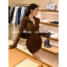 批发Cher 巧儿Vintage Polo长袖<b class='q'>连衣裙</b>秋冬羊毛针织辣妹包臀短裙